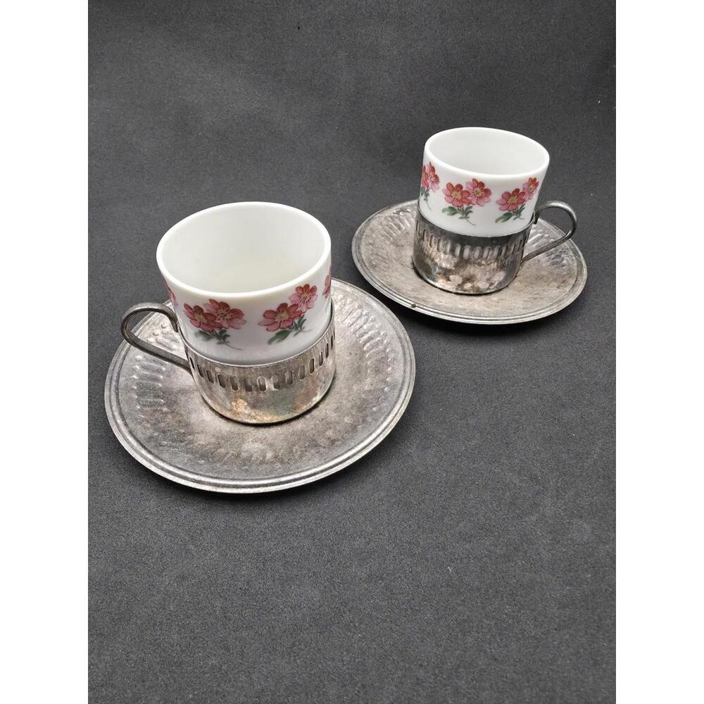 Bellini Silver plate Veracruz Porcelain Expresso Cup Set Of 2 Vintage Brazil